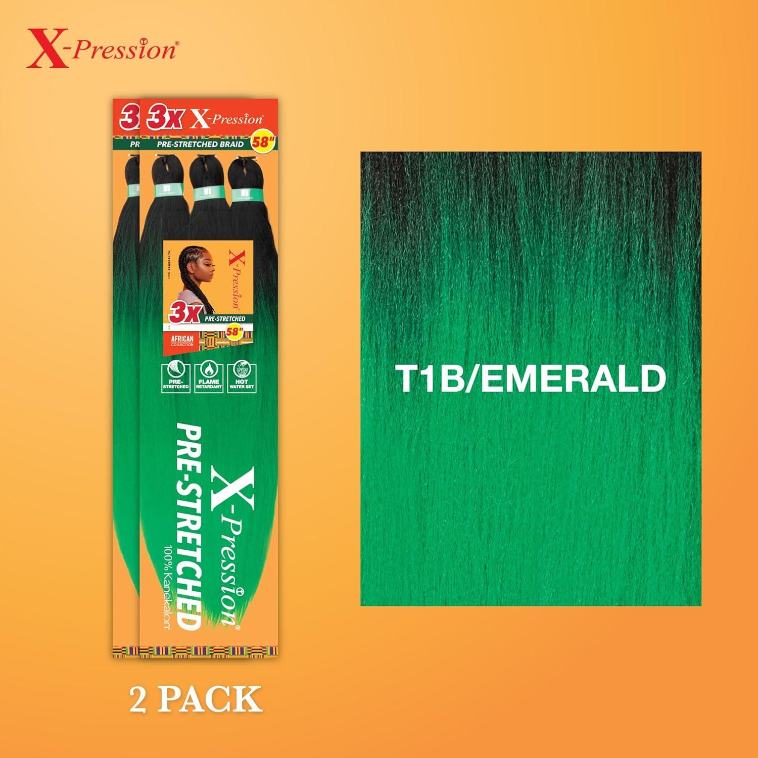 imageSensationnel Xpression prestretched braiding hair 3x braid 58 inch all kanekalon flame retardant synthetic braid for box braids and twists 1 pack 1 JETBLACKT1BEMERALD