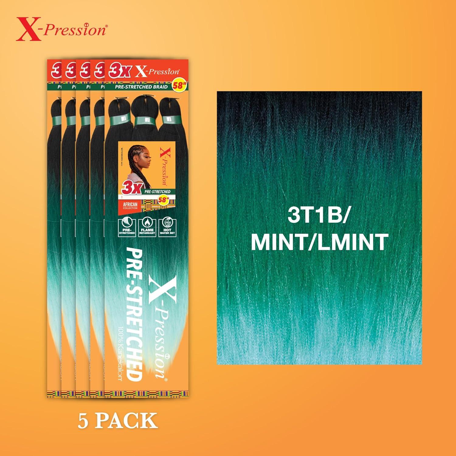imageSensationnel Xpression prestretched braiding hair 3x braid 58 inch all kanekalon flame retardant synthetic braid for box braids and twists 1 pack 1 JETBLACK3T1BMINTLMINT