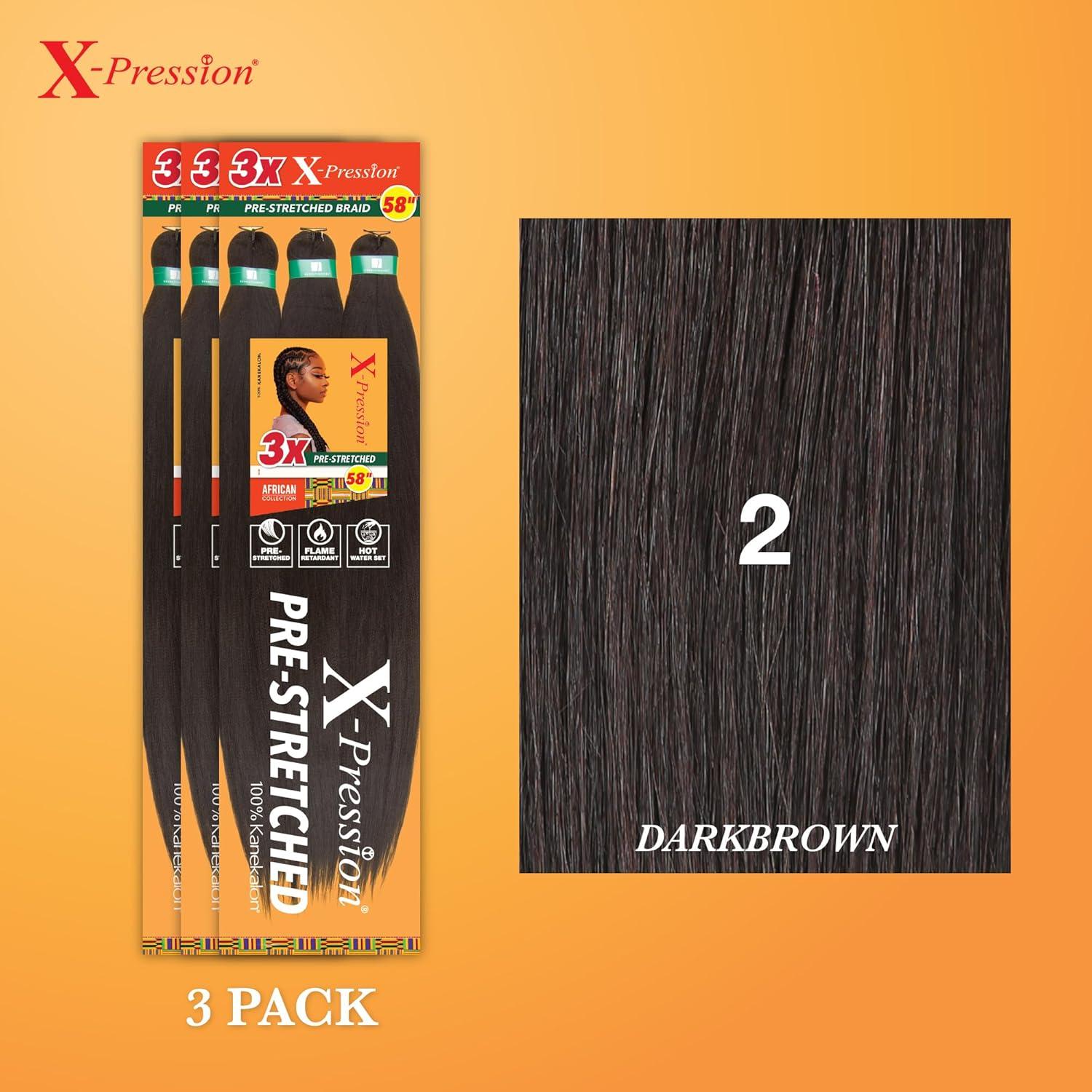 imageSensationnel Xpression prestretched braiding hair 3x braid 58 inch all kanekalon flame retardant synthetic braid for box braids and twists 1 pack 1 JETBLACK2 DARKBROWN
