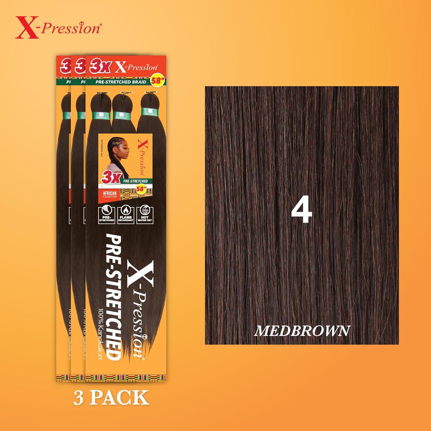 imageSensationnel Xpression prestretched braiding hair 3x braid 58 inch all kanekalon flame retardant synthetic braid for box braids and twists 1 pack 1 JETBLACK4 MEDBROWN