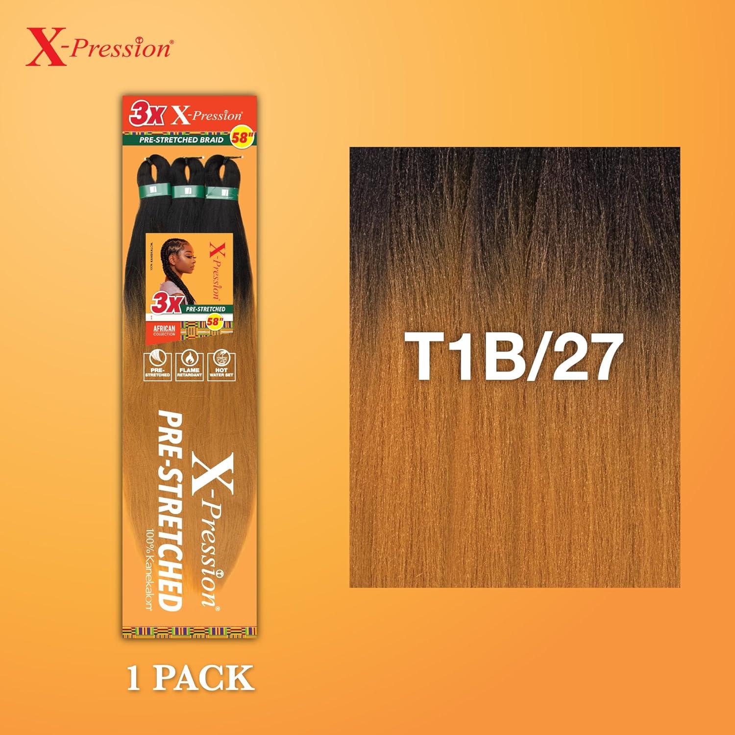 imageSensationnel Xpression prestretched braiding hair 3x braid 58 inch all kanekalon flame retardant synthetic braid for box braids and twists 1 pack 1 JETBLACKT1B27