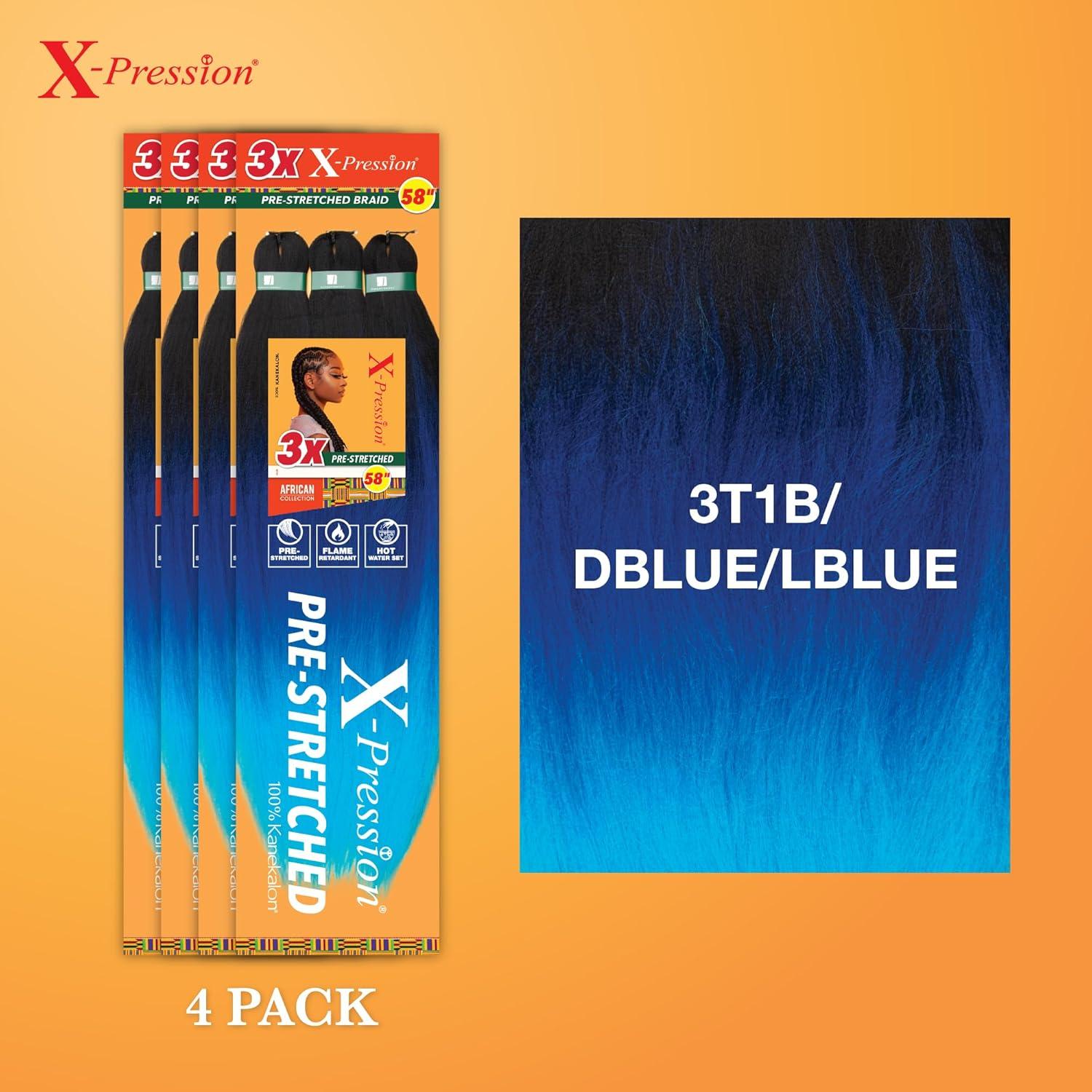 imageSensationnel Xpression prestretched braiding hair 3x braid 58 inch all kanekalon flame retardant synthetic braid for box braids and twists 1 pack 1 JETBLACK3T1BDBLUELBLUE