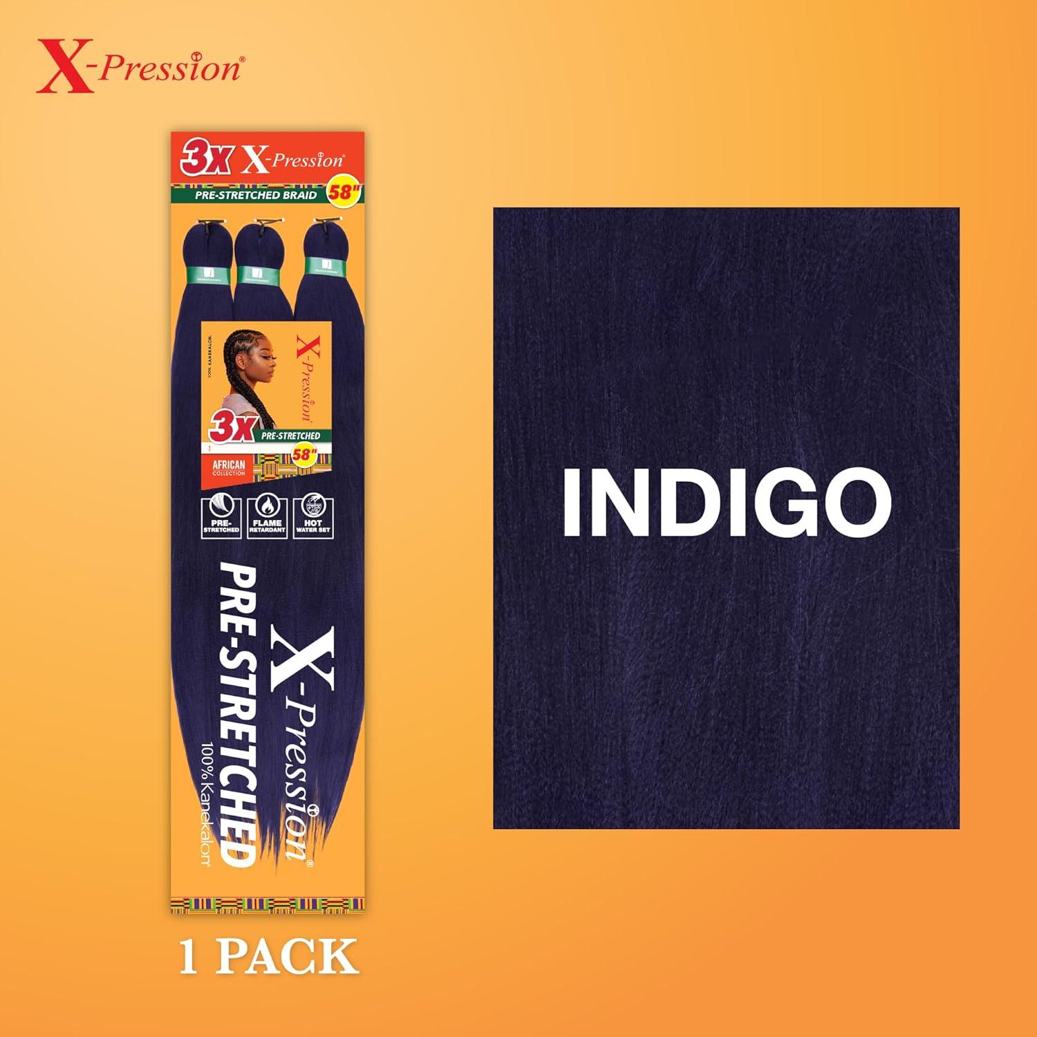 imageSensationnel Xpression prestretched braiding hair 3x braid 58 inch all kanekalon flame retardant synthetic braid for box braids and twists 1 pack 1 JETBLACKINDIGO