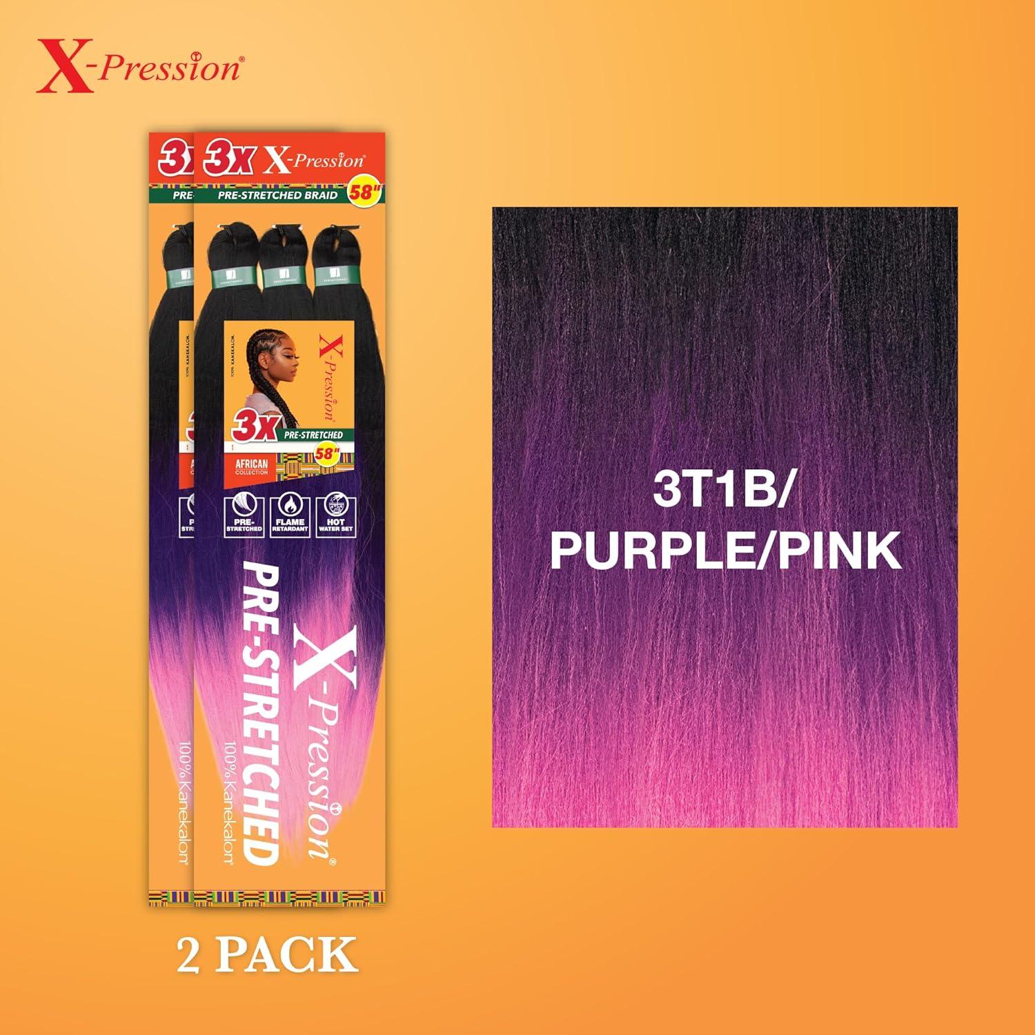 imageSensationnel Xpression prestretched braiding hair 3x braid 58 inch all kanekalon flame retardant synthetic braid for box braids and twists 1 pack 1 JETBLACK3T1BPURPLEPINK