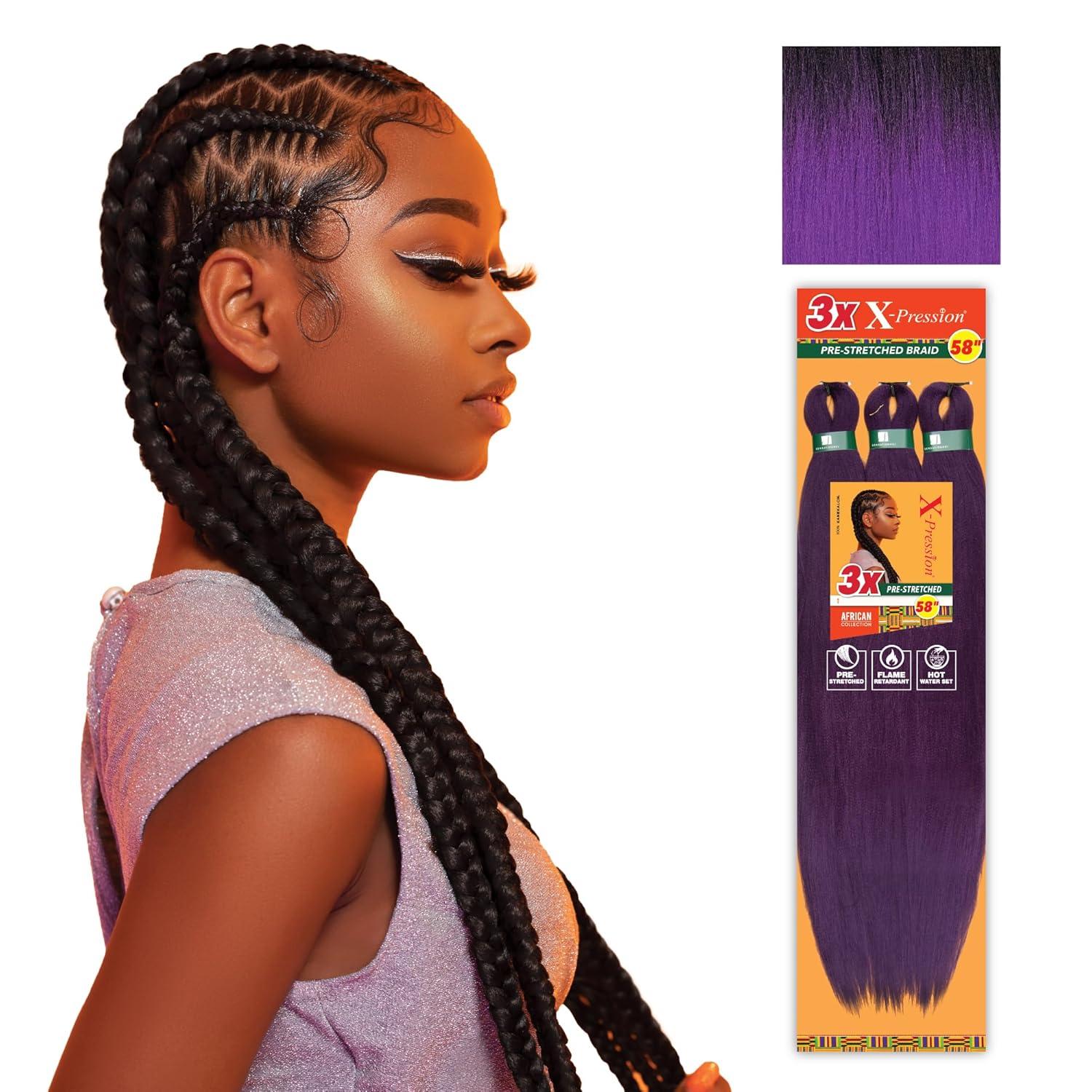 imageSensationnel Xpression prestretched braiding hair 3x braid 58 inch all kanekalon flame retardant synthetic braid for box braids and twists 1 pack 1 JETBLACKT1BPUR