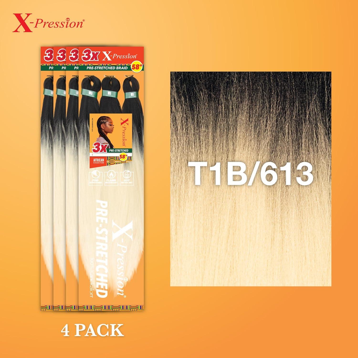 imageSensationnel Xpression prestretched braiding hair 3x braid 58 inch all kanekalon flame retardant synthetic braid for box braids and twists 1 pack 1 JETBLACKT1B613