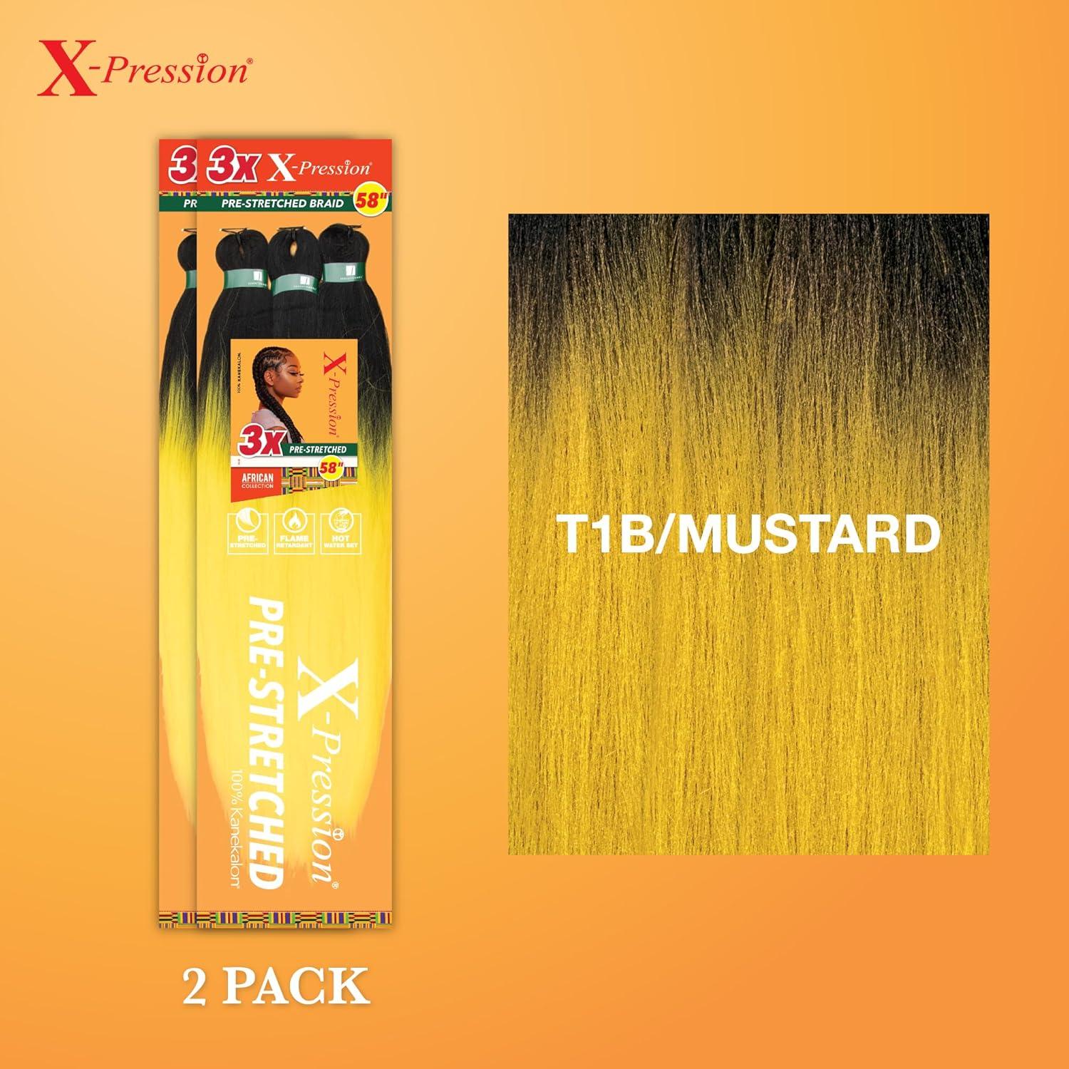 imageSensationnel Xpression prestretched braiding hair 3x braid 58 inch all kanekalon flame retardant synthetic braid for box braids and twists 1 pack 1 JETBLACKT1BMUSTARD