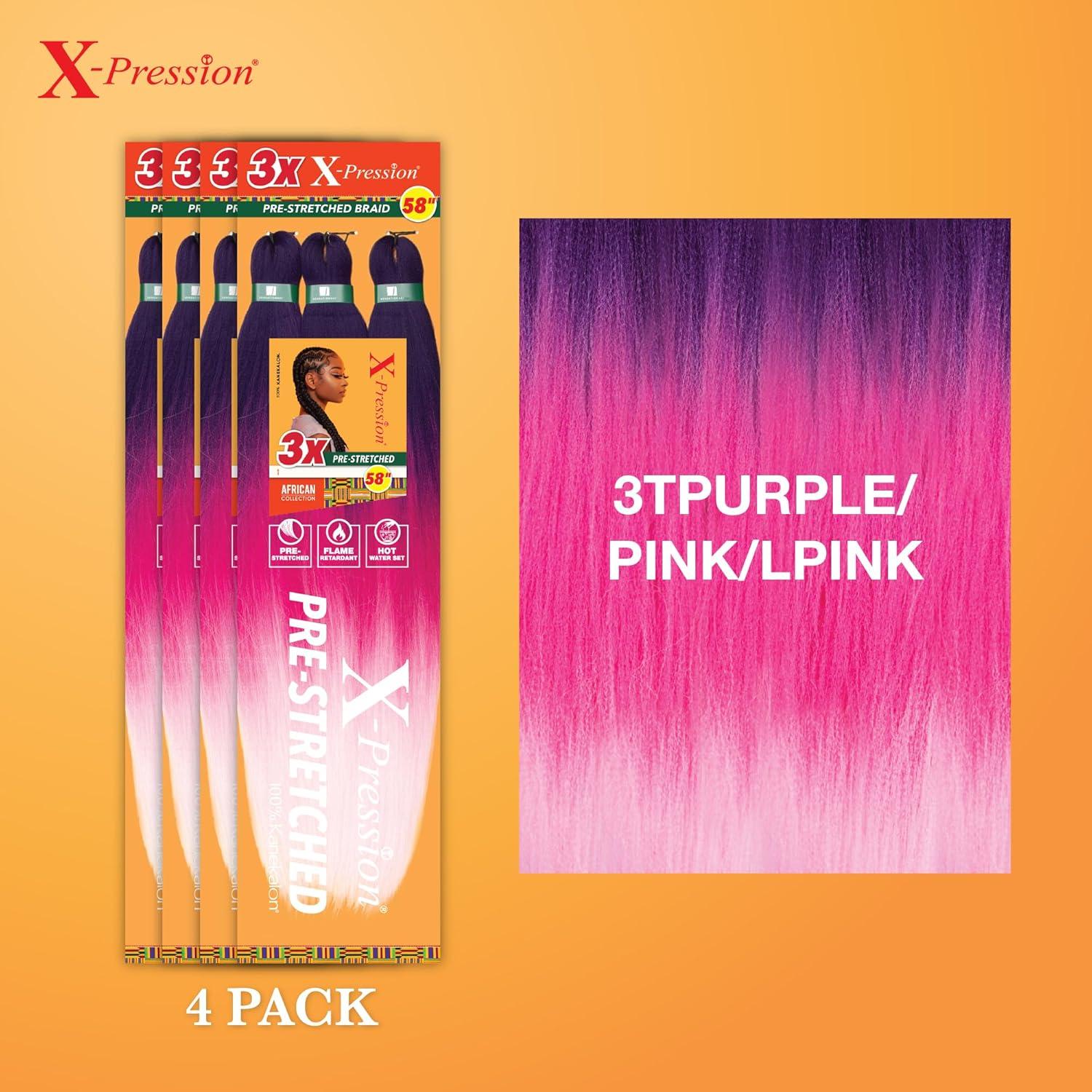 imageSensationnel Xpression prestretched braiding hair 3x braid 58 inch all kanekalon flame retardant synthetic braid for box braids and twists 1 pack 1 JETBLACK3TPURPLEPINKLPINK