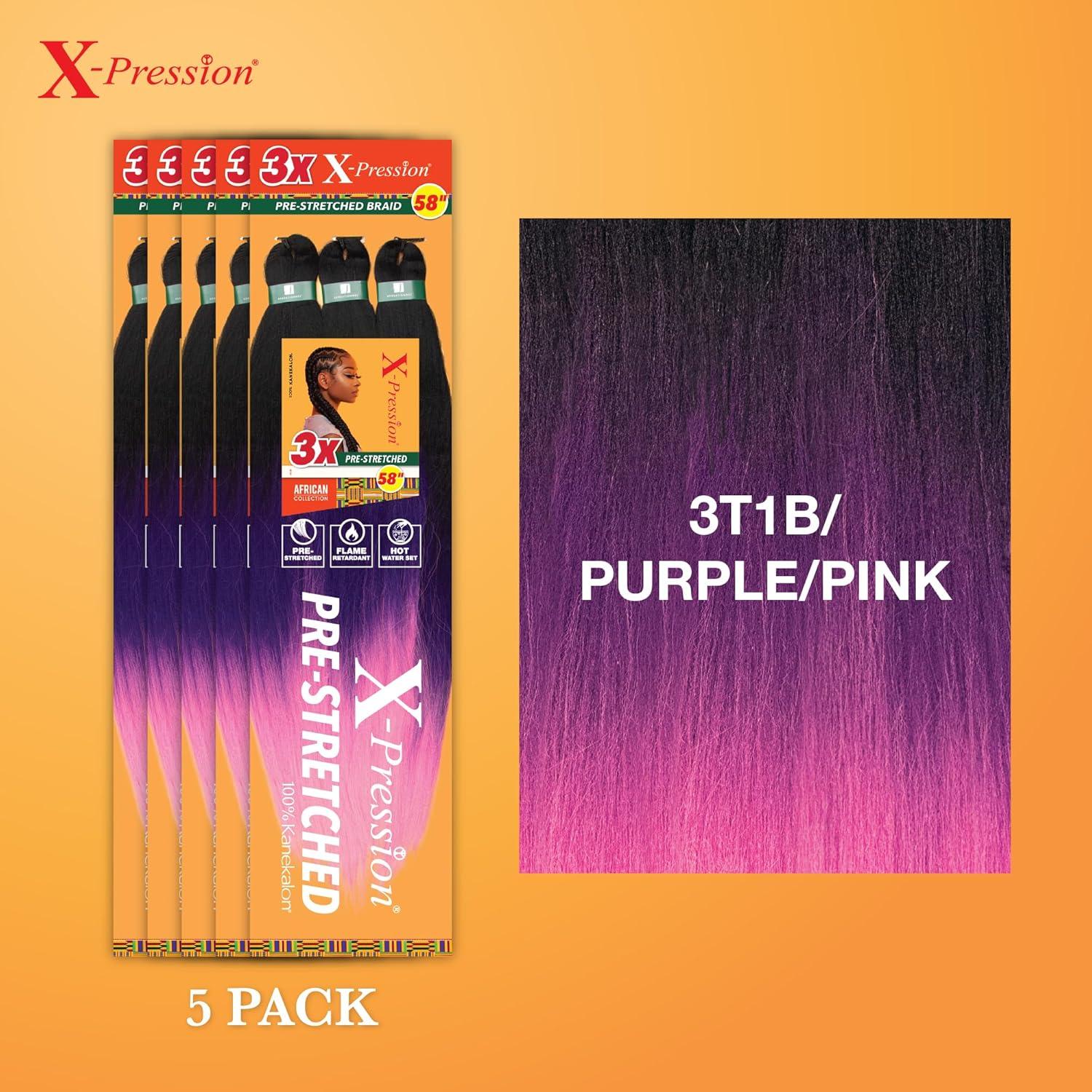 imageSensationnel Xpression prestretched braiding hair 3x braid 58 inch all kanekalon flame retardant synthetic braid for box braids and twists 1 pack 1 JETBLACK3T1BPURPLEPINK