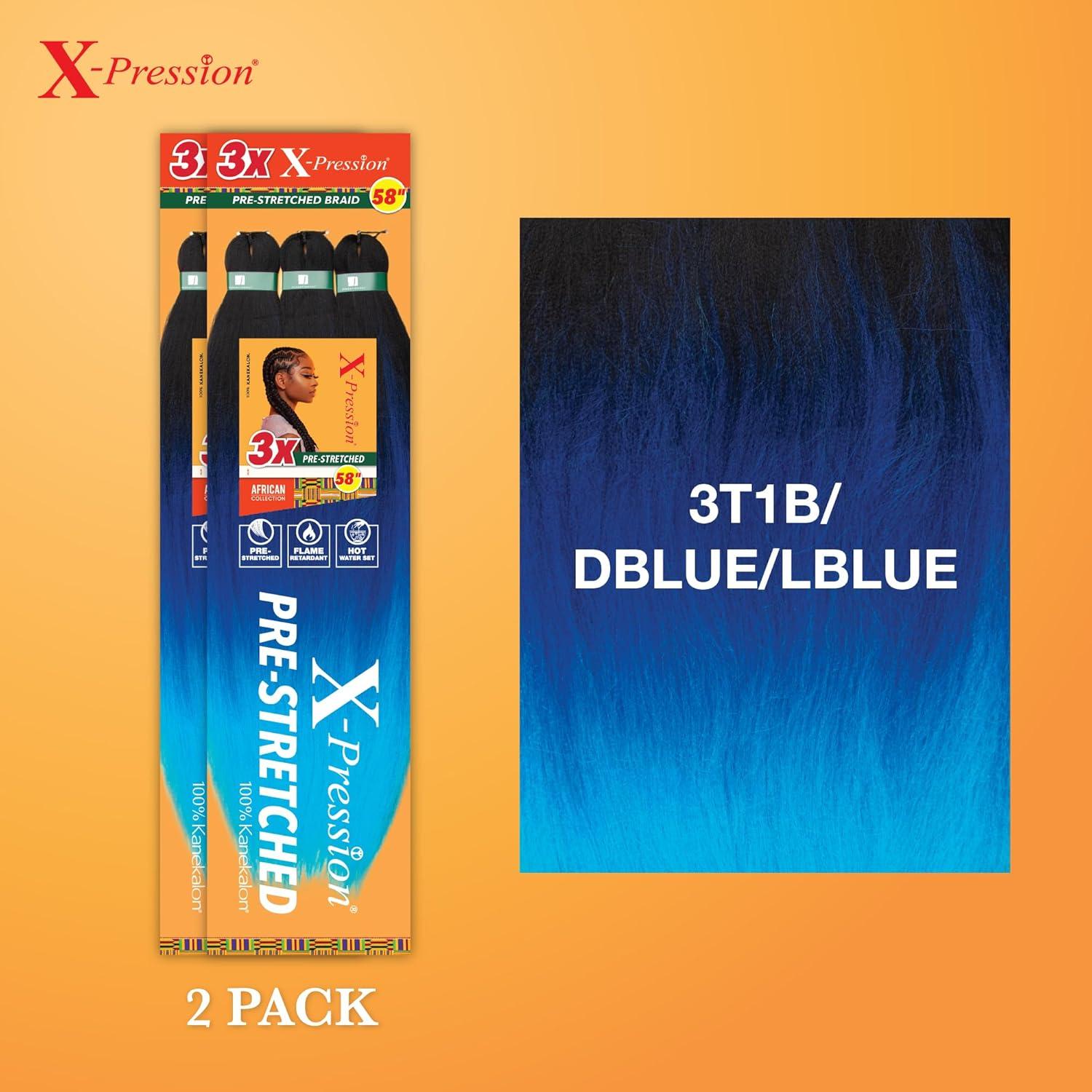 imageSensationnel Xpression prestretched braiding hair 3x braid 58 inch all kanekalon flame retardant synthetic braid for box braids and twists 1 pack 1 JETBLACK3T1BDBLUELBLUE