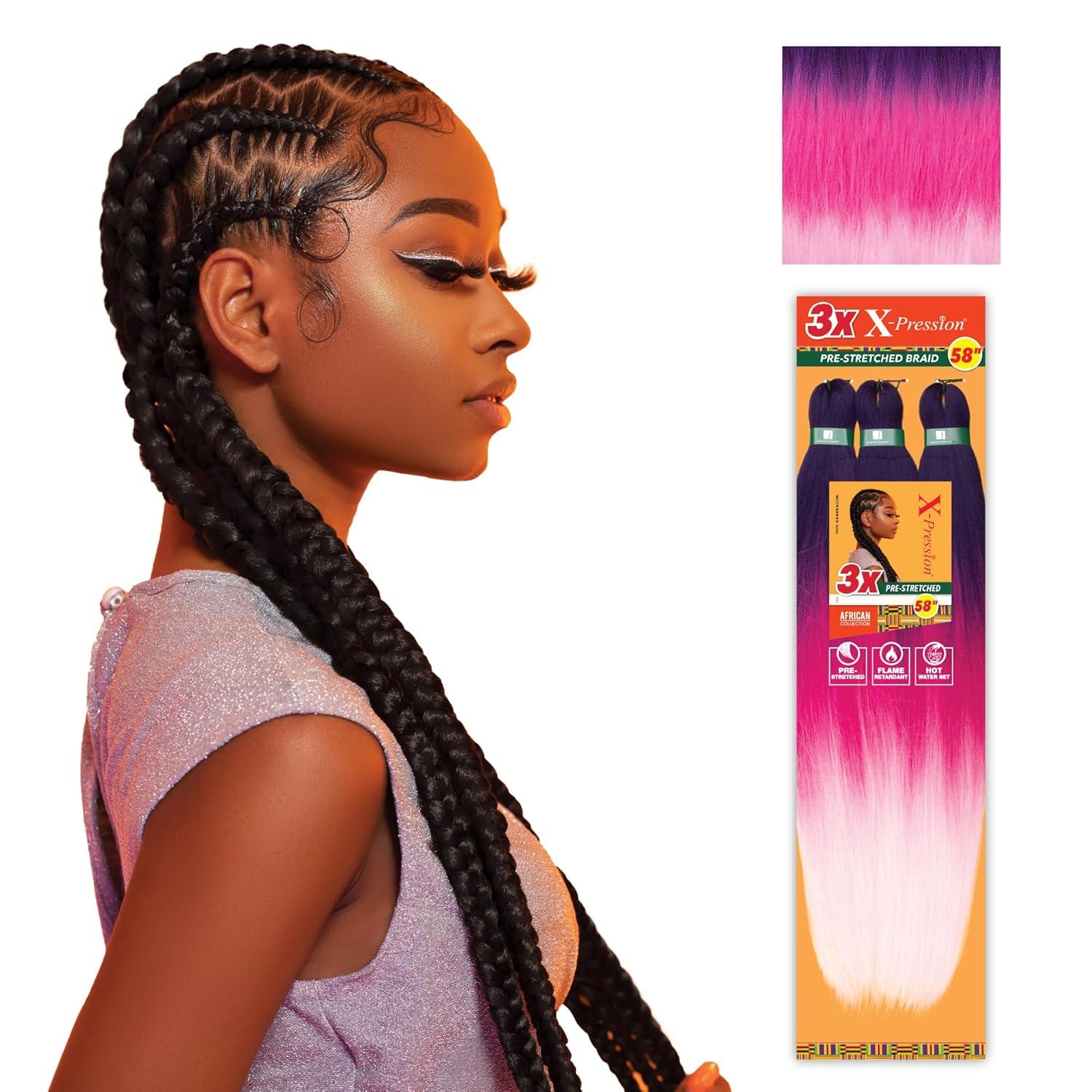 imageSensationnel Xpression prestretched braiding hair 3x braid 58 inch all kanekalon flame retardant synthetic braid for box braids and twists 1 pack 1 JETBLACK3TPURPLEPINKLPINK