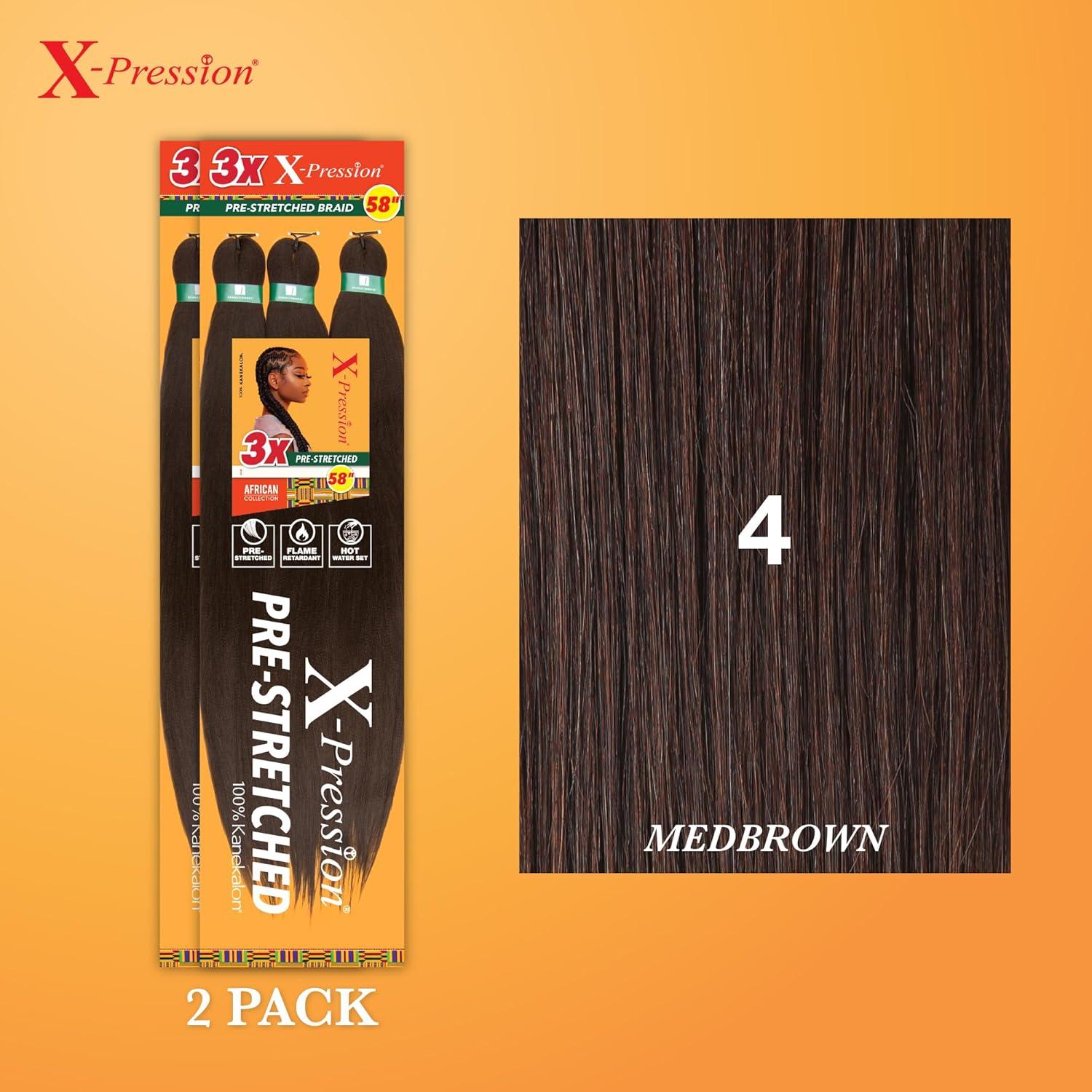 imageSensationnel Xpression prestretched braiding hair 3x braid 58 inch all kanekalon flame retardant synthetic braid for box braids and twists 1 pack 1 JETBLACK4 MEDBROWN