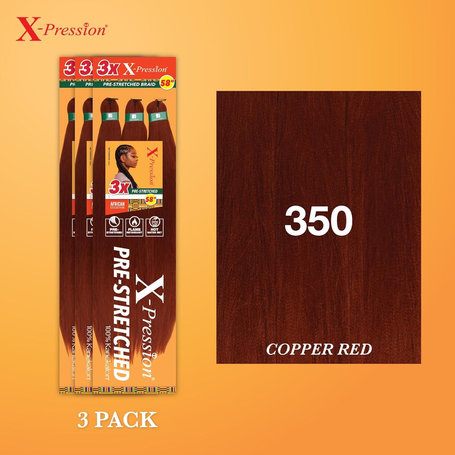 imageSensationnel Xpression prestretched braiding hair 3x braid 58 inch all kanekalon flame retardant synthetic braid for box braids and twists 1 pack 1 JETBLACK350 COPPERRED