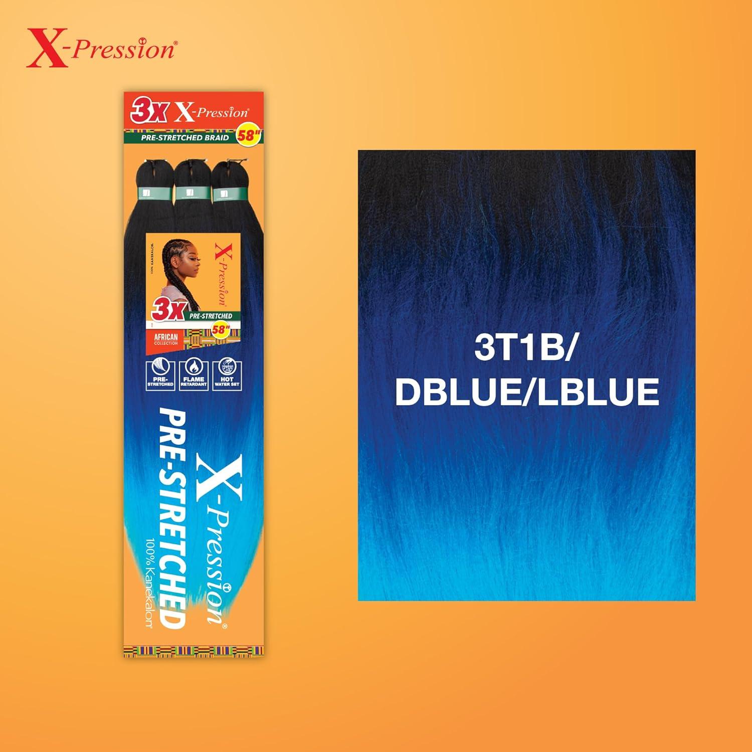 imageSensationnel Xpression prestretched braiding hair 3x braid 58 inch all kanekalon flame retardant synthetic braid for box braids and twists 1 pack 1 JETBLACK3T1BDBLUELBLUE