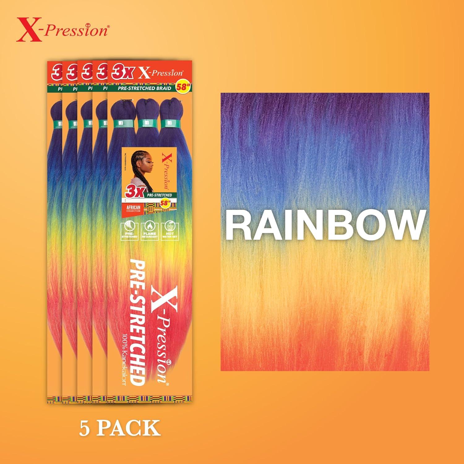 imageSensationnel Xpression prestretched braiding hair 3x braid 58 inch all kanekalon flame retardant synthetic braid for box braids and twists 1 pack 1 JETBLACKRAINBOW