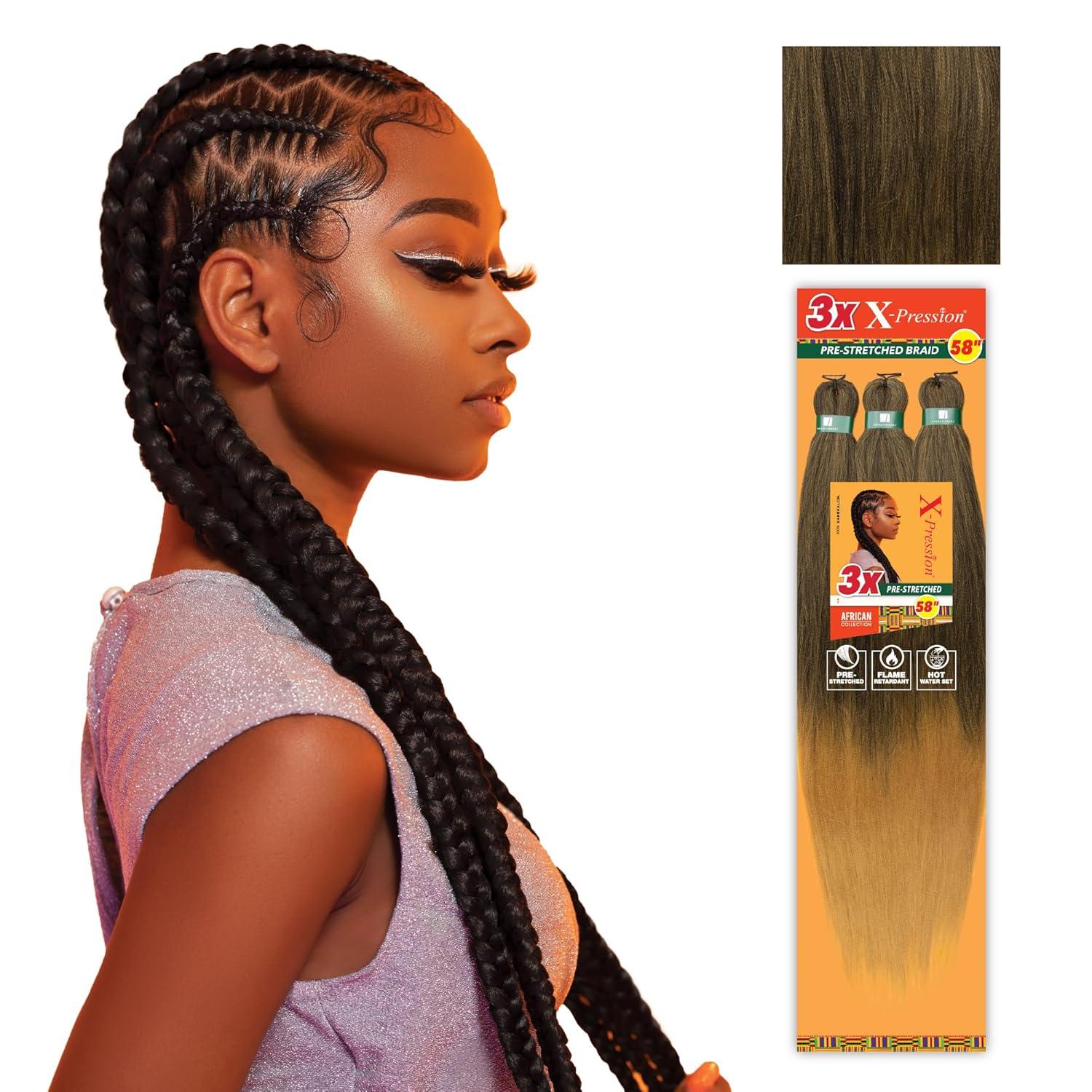 imageSensationnel Xpression prestretched braiding hair 3x braid 58 inch all kanekalon flame retardant synthetic braid for box braids and twists 1 pack 1 JETBLACKSM1B27