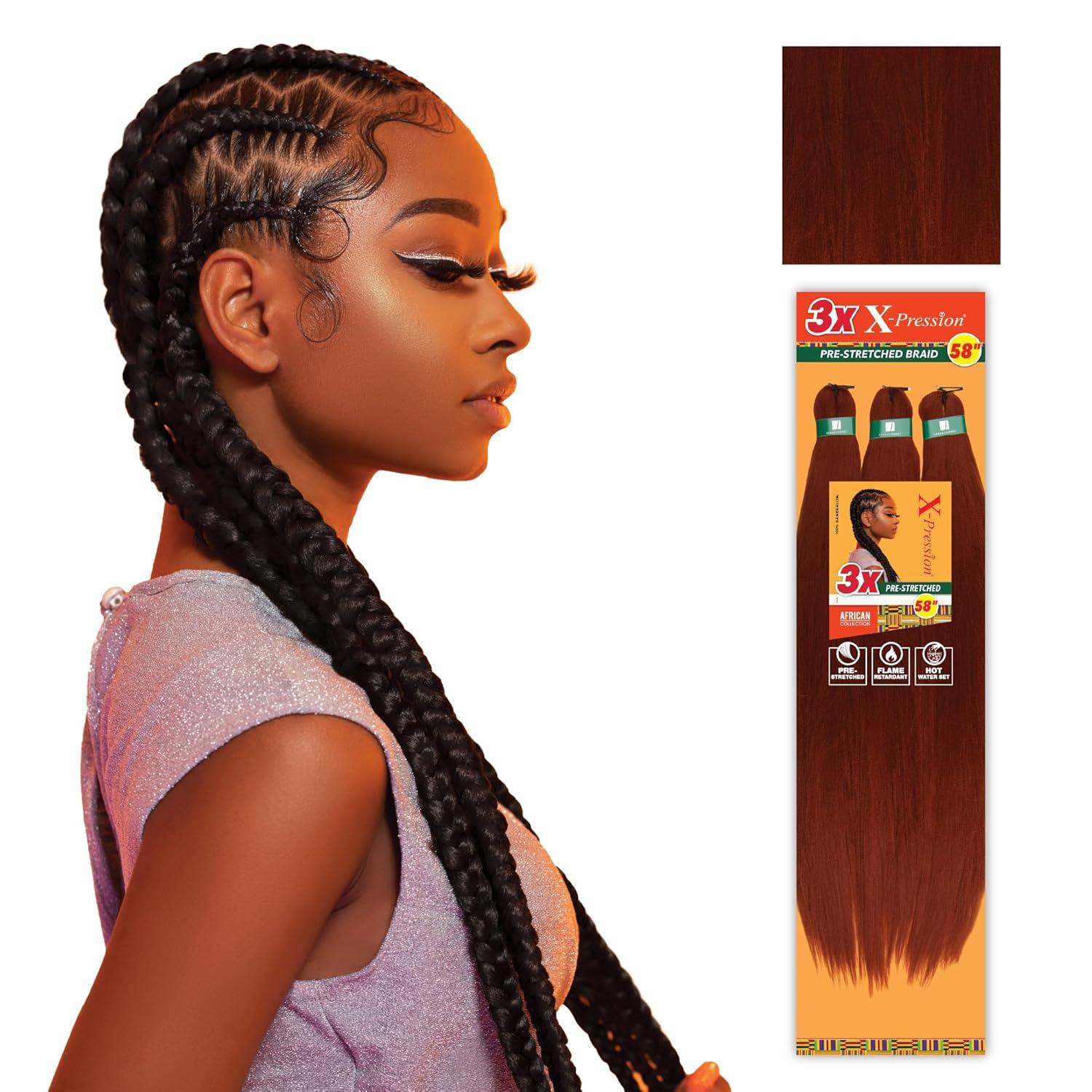 imageSensationnel Xpression prestretched braiding hair 3x braid 58 inch all kanekalon flame retardant synthetic braid for box braids and twists 1 pack 1 JETBLACK350 COPPERRED
