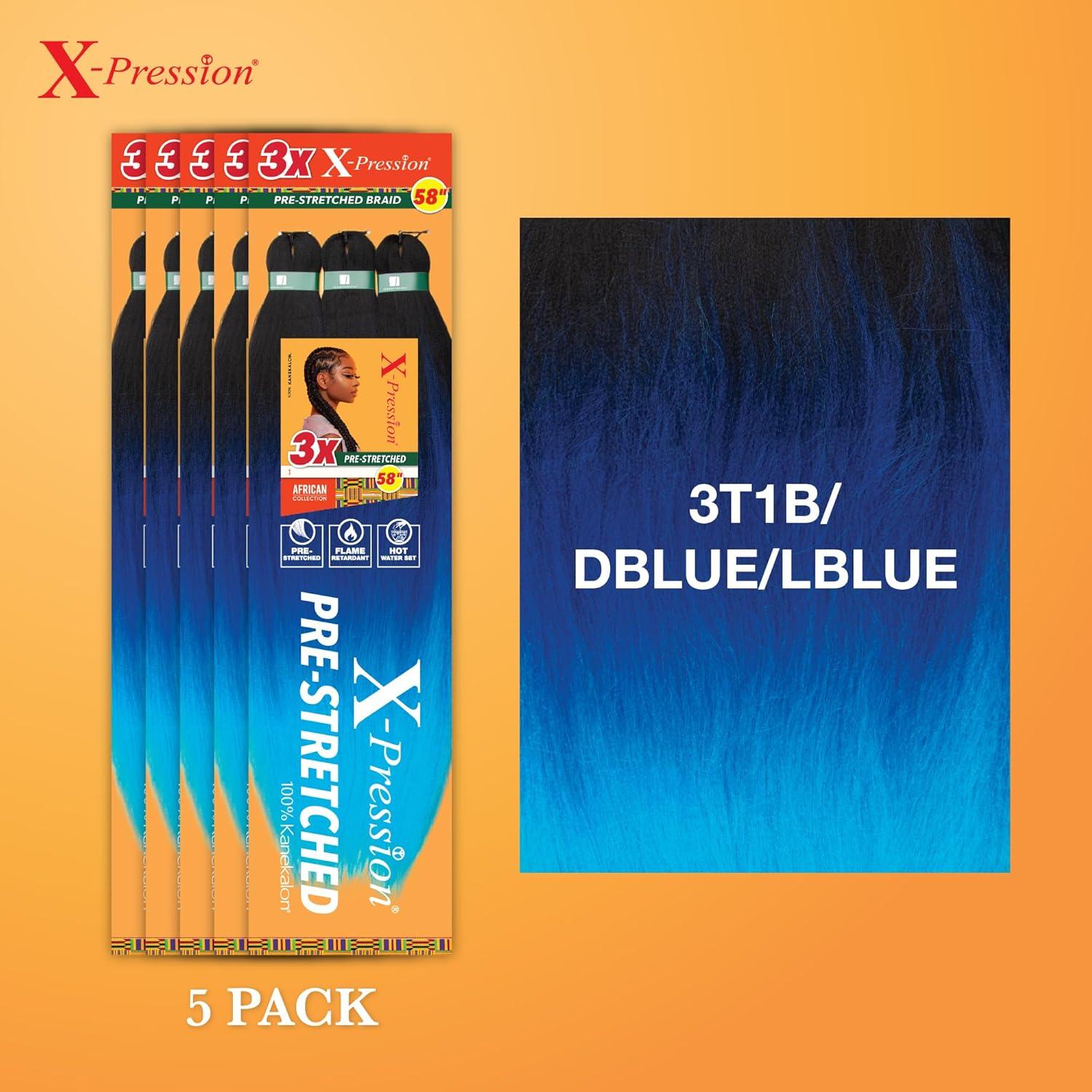 imageSensationnel Xpression prestretched braiding hair 3x braid 58 inch all kanekalon flame retardant synthetic braid for box braids and twists 1 pack 1 JETBLACK3T1BDBLUELBLUE
