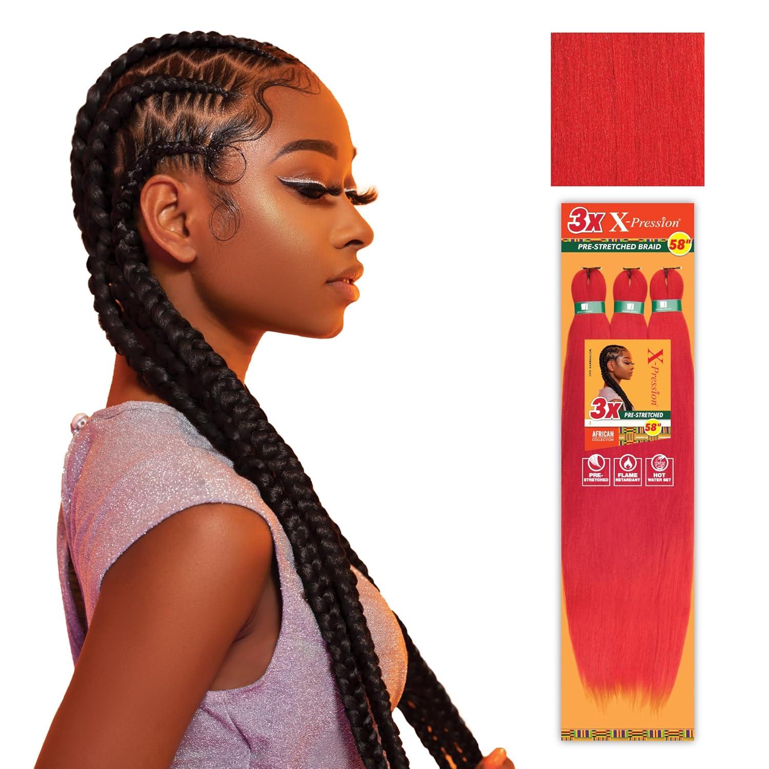 imageSensationnel Xpression prestretched braiding hair 3x braid 58 inch all kanekalon flame retardant synthetic braid for box braids and twists 1 pack 1 JETBLACKRED