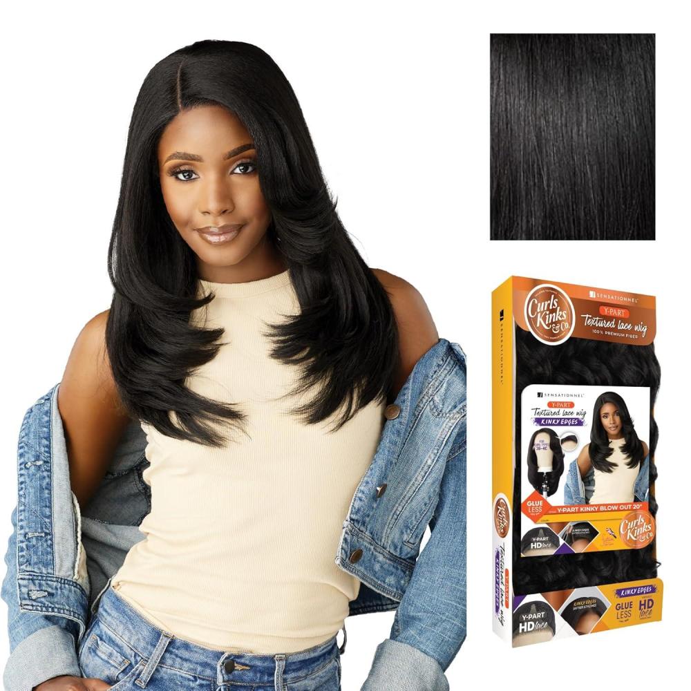 imageSensationnel Curls Kinks and Co Kinkyedges Wig Kinky Blow Out 20 Inch Y Part Lace Natural Kinky Edge textured Hairline for Natural 3B to 4C Hair Textures 1 JETBLACK1 JETBLACK