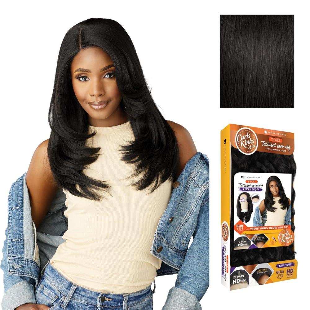 imageSensationnel Curls Kinks and Co Kinkyedges Wig Kinky Blow Out 20 Inch Y Part Lace Natural Kinky Edge textured Hairline for Natural 3B to 4C Hair Textures 1 JETBLACK1B OFFBLACK