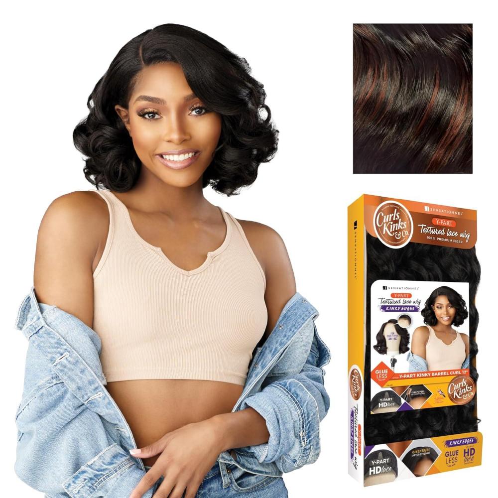 imageSensationnel Curls Kinksandco Kinkyedges Wig  Kinky Barrel Curl 12 Inch Y Part Lace Natural Kinkytexture Edged Hairline for Natural 3C to 4C Hair Textures 1 JETBLACKF1B33