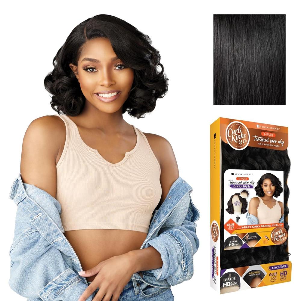 imageSensationnel Curls Kinksandco Kinkyedges Wig  Kinky Barrel Curl 12 Inch Y Part Lace Natural Kinkytexture Edged Hairline for Natural 3C to 4C Hair Textures 1 JETBLACK1 JETBLACK