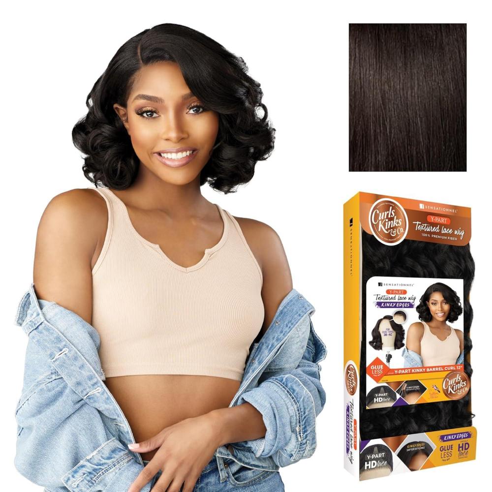 imageSensationnel Curls Kinksandco Kinkyedges Wig  Kinky Barrel Curl 12 Inch Y Part Lace Natural Kinkytexture Edged Hairline for Natural 3C to 4C Hair Textures 1 JETBLACK2 DARKBROWN