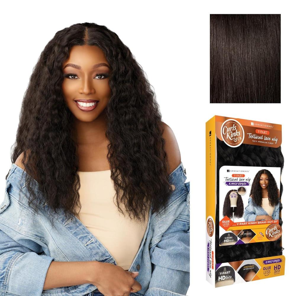 imageSensationnel Curls Kinksandco Kinkyedges Wig Kinky Braid Out 20 Inch Y Part Lace Natural Kinkytexture Edged Hairline for Natural 3C to 4C Hair Textures 1 JETBLACK2 DARKBROWN