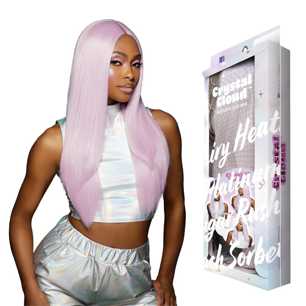 imageSensationnel ShearMuse Crystal Cloud Lace Wigs Dulcia Wide 5 Inch Deep Parting Synthetic Preplucked Hairline Glueless Lacefront CORALPINKFAIRYHEATHER