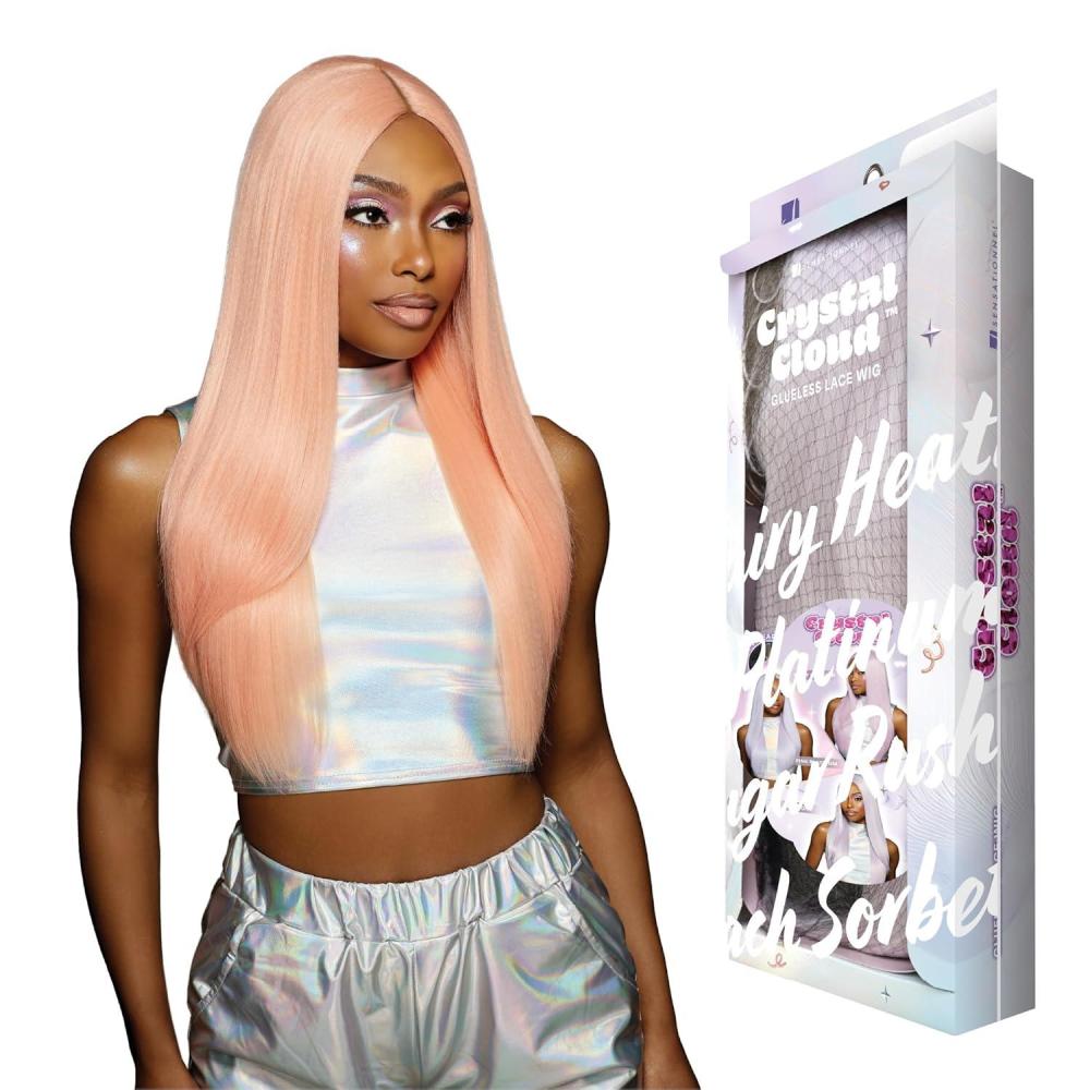 imageSensationnel ShearMuse Crystal Cloud Lace Wigs Dulcia Wide 5 Inch Deep Parting Synthetic Preplucked Hairline Glueless Lacefront CORALPINKPEACHSORBET