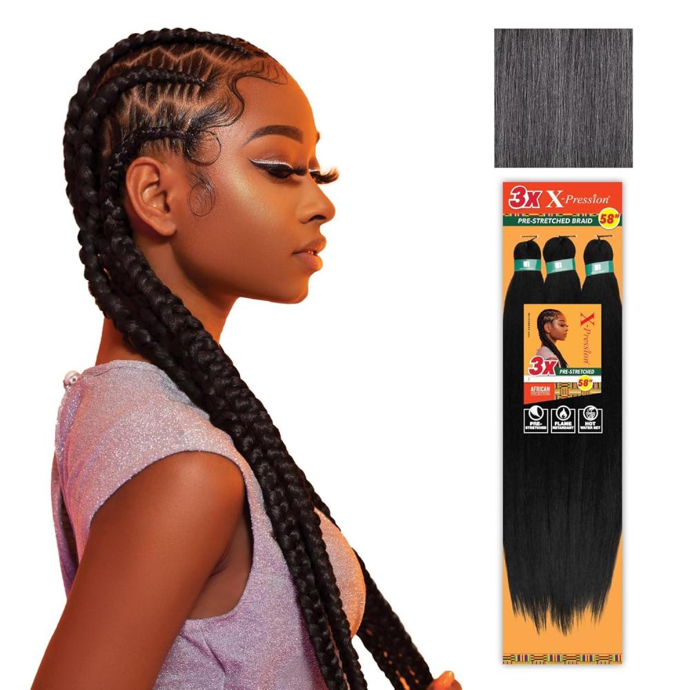 imageSensationnel Xpression prestretched braiding hair 3x braid 58 inch all kanekalon flame retardant synthetic braid for box braids and twists 1 pack 1 JETBLACKM44