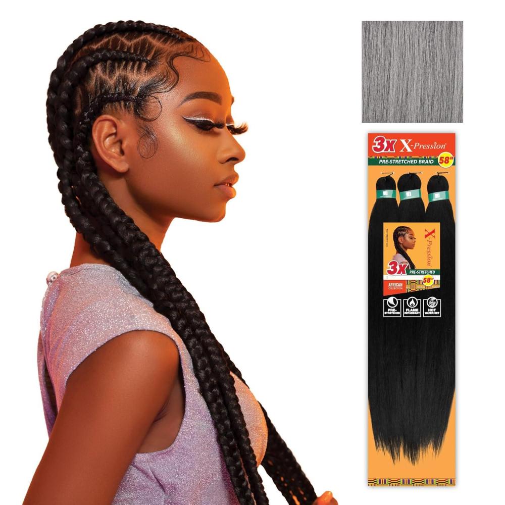 imageSensationnel Xpression prestretched braiding hair 3x braid 58 inch all kanekalon flame retardant synthetic braid for box braids and twists 1 pack 1 JETBLACKM51