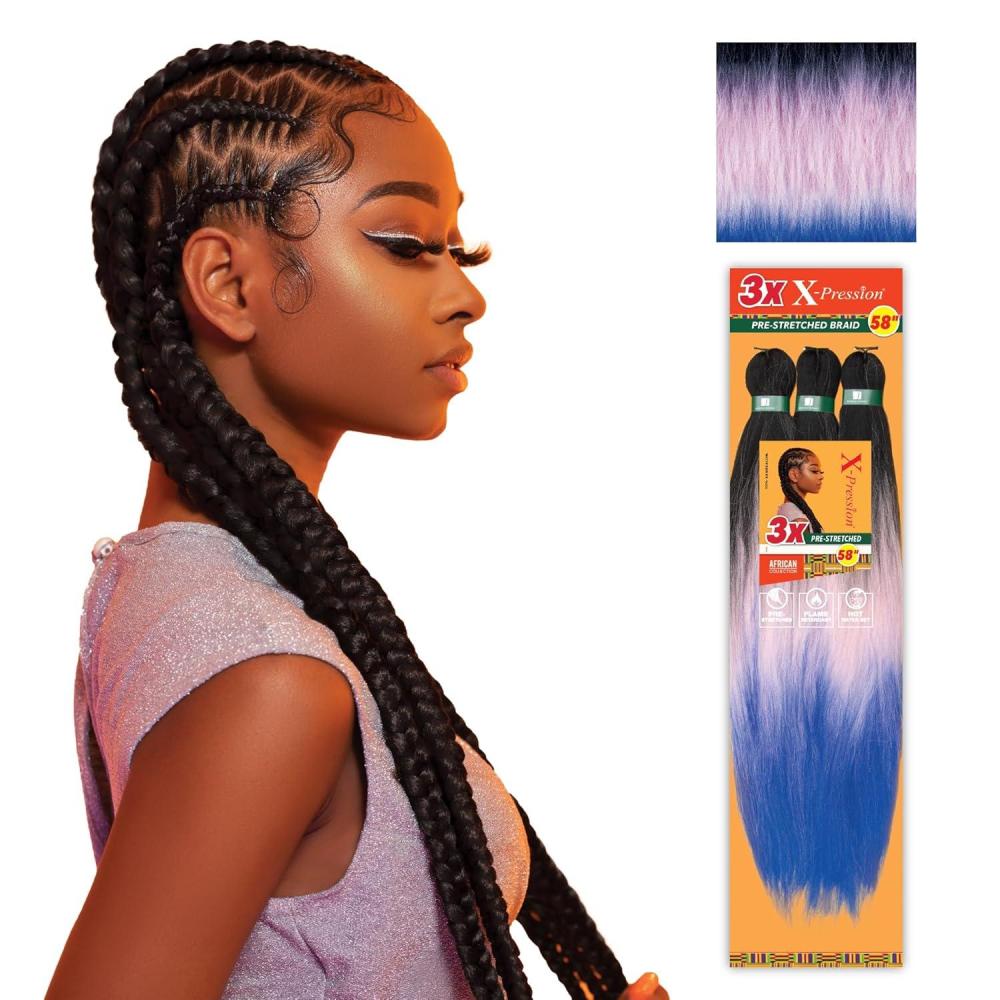 imageSensationnel Xpression prestretched braiding hair 3x braid 58 inch all kanekalon flame retardant synthetic braid for box braids and twists 1 pack 1 JETBLACK3T1BLPINKBLUE