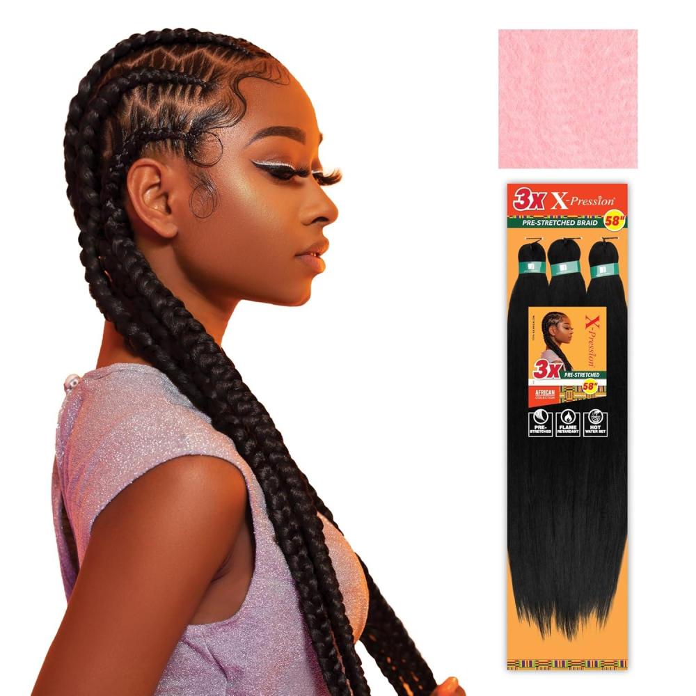 imageSensationnel Xpression prestretched braiding hair 3x braid 58 inch all kanekalon flame retardant synthetic braid for box braids and twists 1 pack 1 JETBLACKBLUSHPINK
