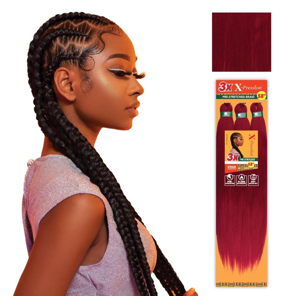 imageSensationnel Xpression prestretched braiding hair 3x braid 58 inch all kanekalon flame retardant synthetic braid for box braids and twists 1 pack 1 JETBLACKBg Burgundy