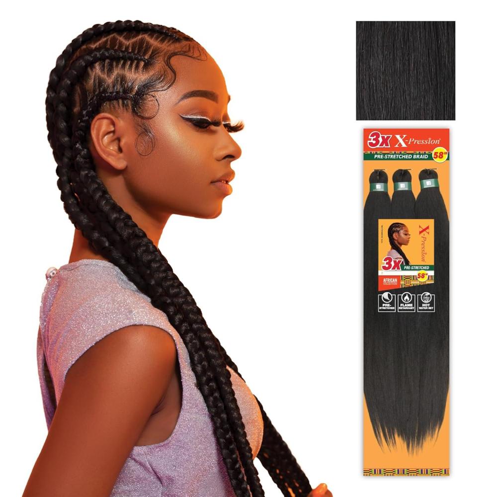 imageSensationnel Xpression prestretched braiding hair 3x braid 58 inch all kanekalon flame retardant synthetic braid for box braids and twists 1 pack 1 JETBLACK1B OFFBLACK