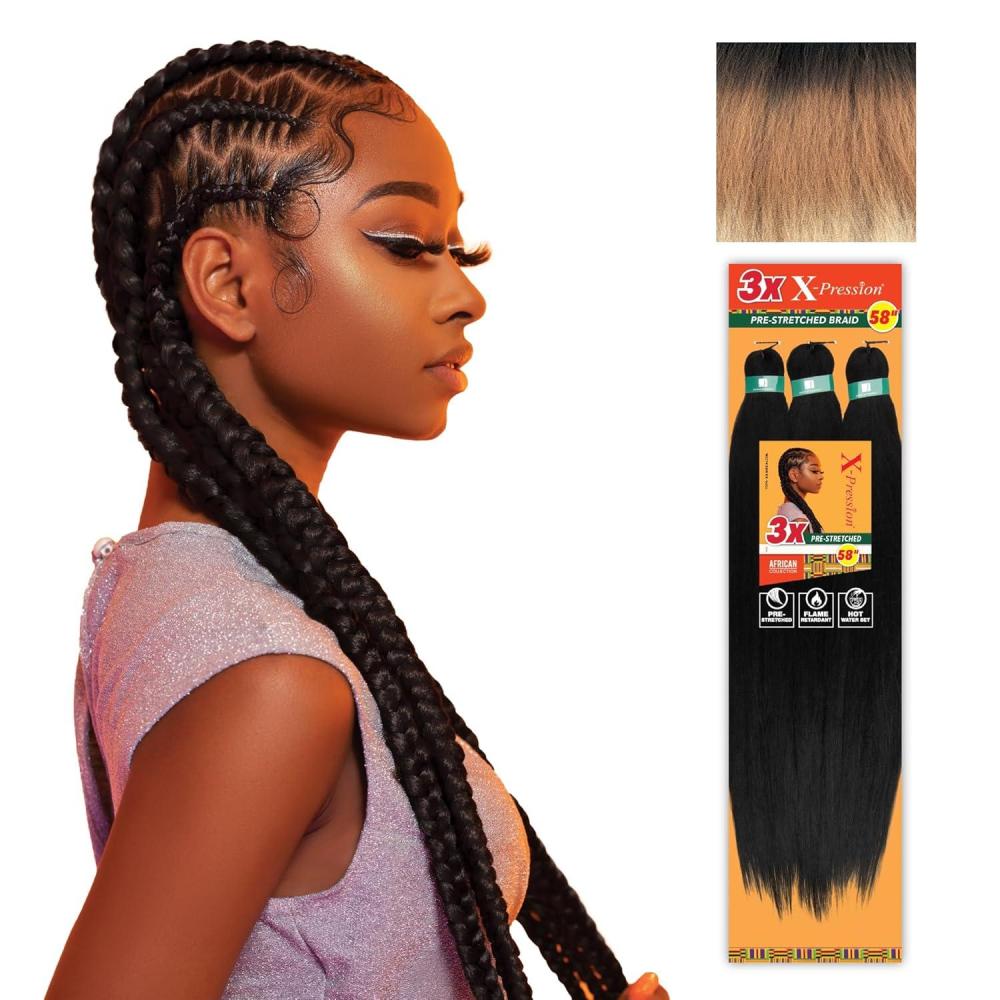 imageSensationnel Xpression prestretched braiding hair 3x braid 58 inch all kanekalon flame retardant synthetic braid for box braids and twists 1 pack 1 JETBLACK3T227613