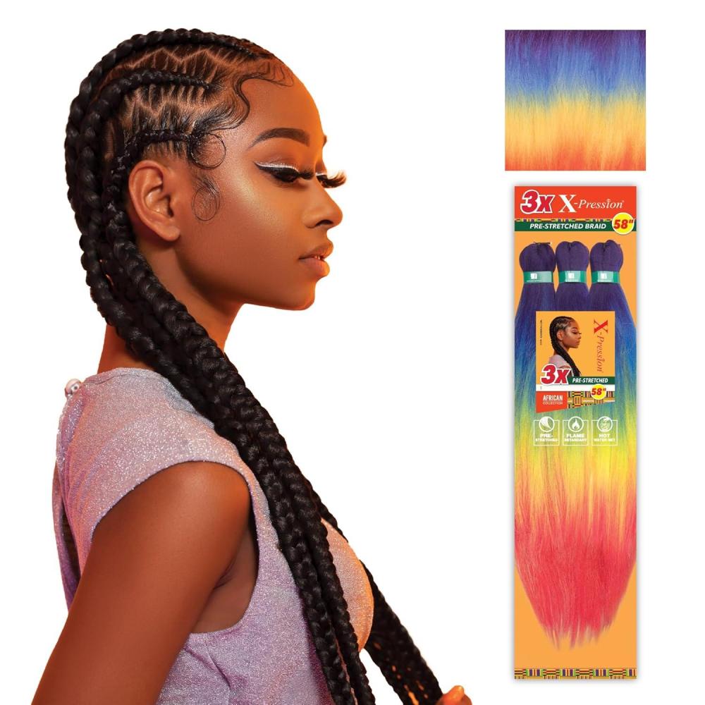 imageSensationnel Xpression prestretched braiding hair 3x braid 58 inch all kanekalon flame retardant synthetic braid for box braids and twists 1 pack 1 JETBLACKRAINBOW