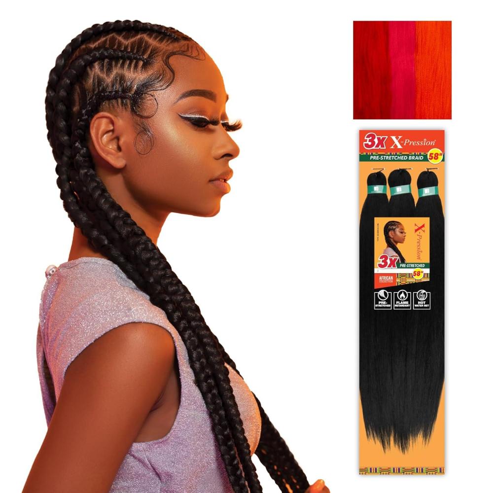 imageSensationnel Xpression prestretched braiding hair 3x braid 58 inch all kanekalon flame retardant synthetic braid for box braids and twists 1 pack 1 JETBLACKAPPLEREDFIREREDNRE