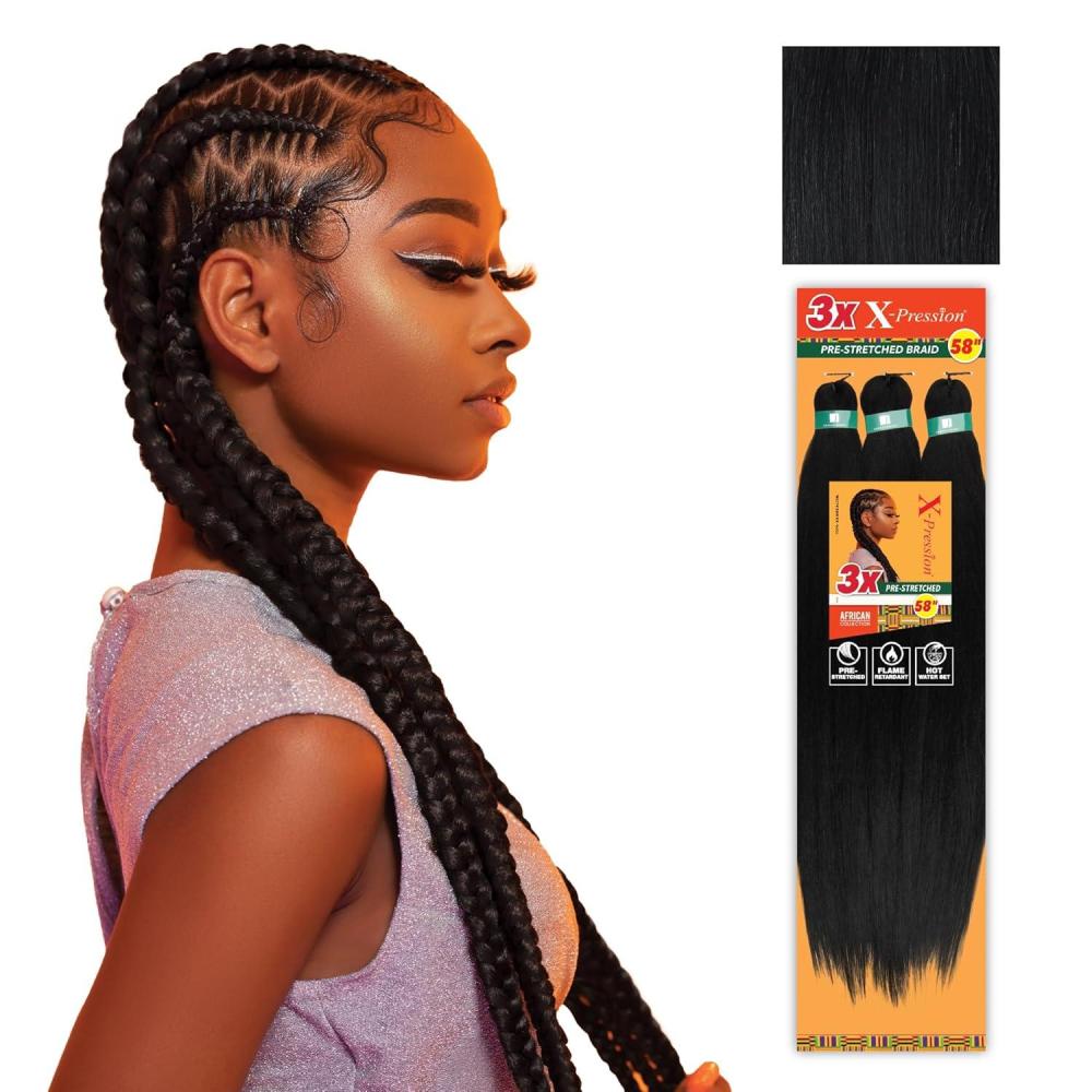 imageSensationnel Xpression prestretched braiding hair  3x braid 58 inch all kanekalon flame retardant synthetic braid for box braids and twists 1 pack 1 JETBLACK1 JETBLACK