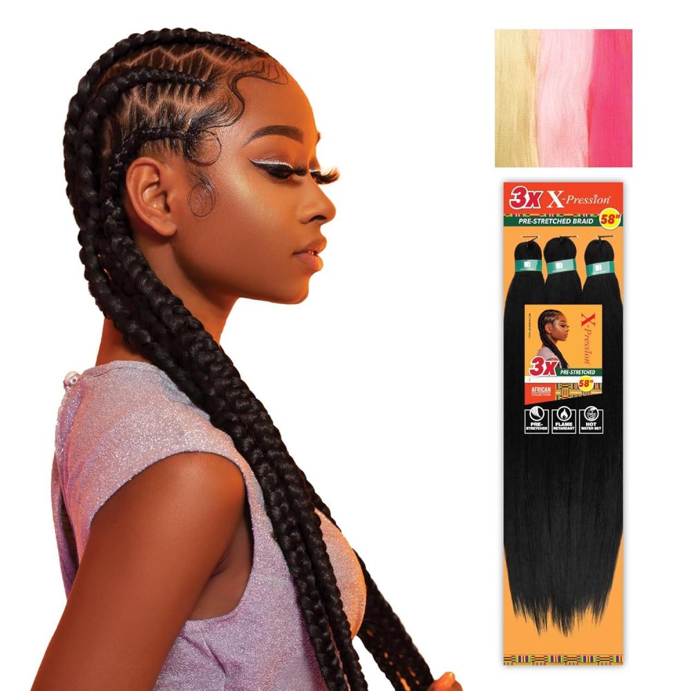 imageSensationnel Xpression prestretched braiding hair 3x braid 58 inch all kanekalon flame retardant synthetic braid for box braids and twists 1 pack 1 JETBLACK613BLUSHPINKNPINK