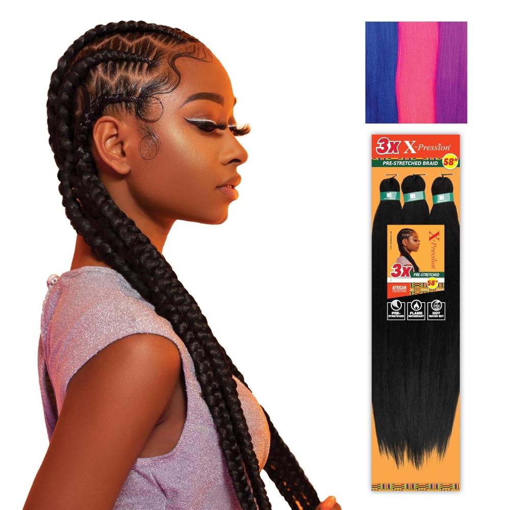 imageSensationnel Xpression prestretched braiding hair 3x braid 58 inch all kanekalon flame retardant synthetic braid for box braids and twists 1 pack 1 JETBLACKNBLUENPINKNPURPLE