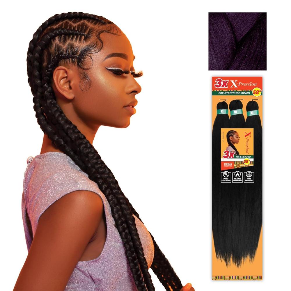imageSensationnel Xpression prestretched braiding hair 3x braid 58 inch all kanekalon flame retardant synthetic braid for box braids and twists 1 pack 1 JETBLACKDKPURPLE