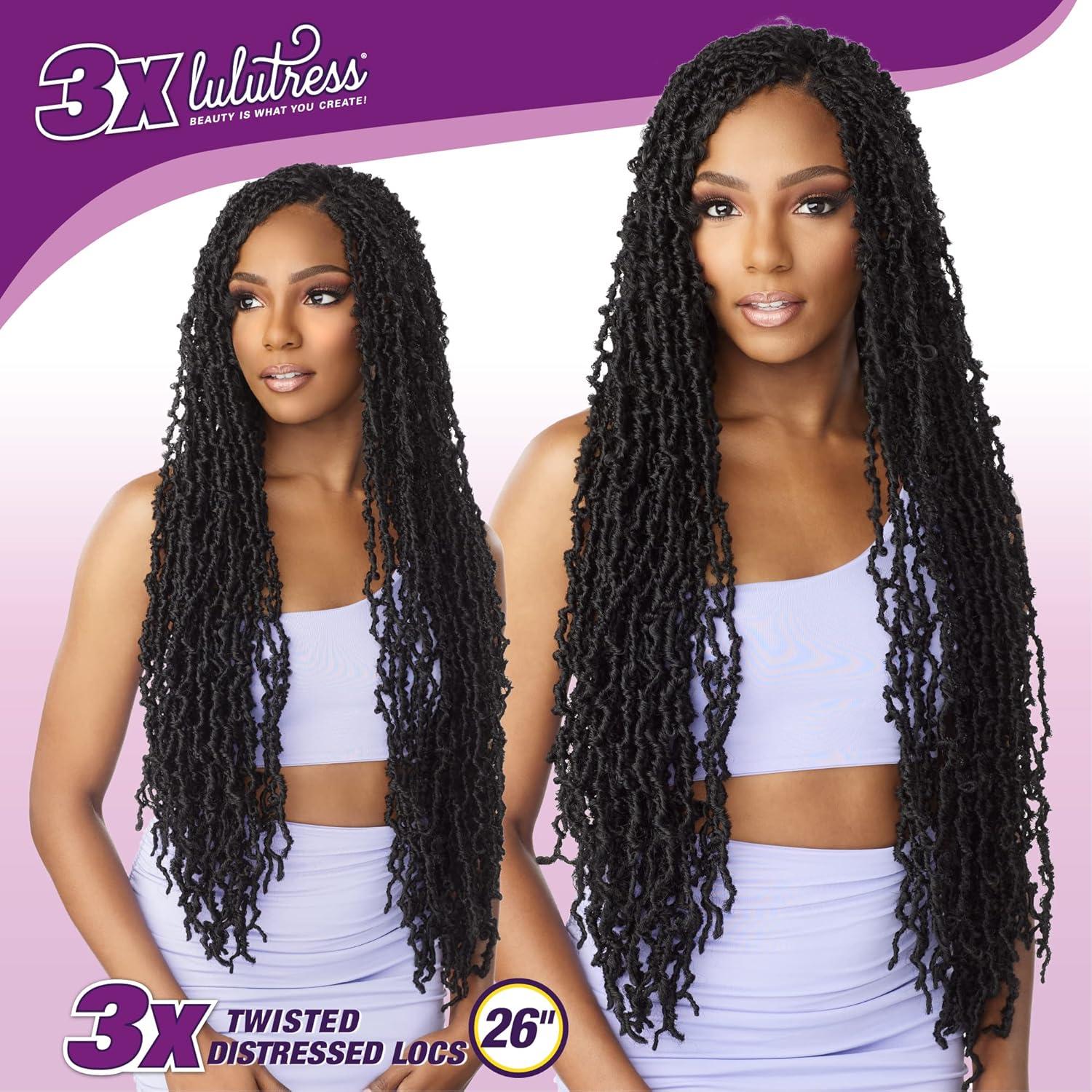imageSensationnel Lulutress crochet braiding hair 3x twisted distressed locs 26 inch pre made diy all kanekalon synthetic locs twists 1 Pack 1 JETBLACK1B OFFBLACK