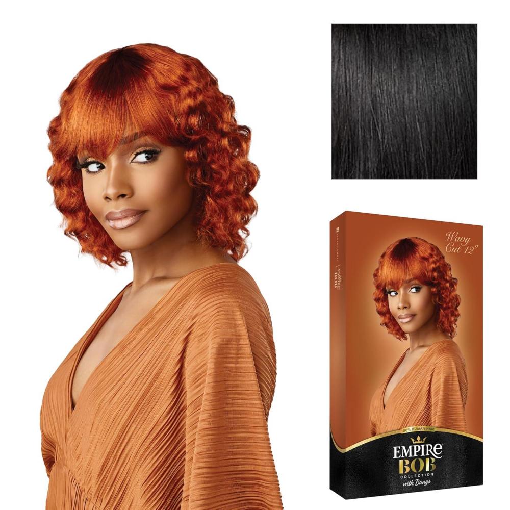 imageSensationnel Empire Bob Humanhair Wig Wavy Cut 12 Inch Face Framing Mesh Cap for Comfort With Bangs 1 JETBLACK1 JETBLACK