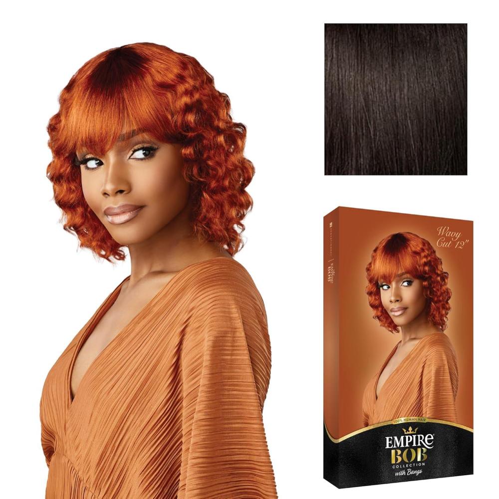 imageSensationnel Empire Bob Humanhair Wig Wavy Cut 12 Inch Face Framing Mesh Cap for Comfort With Bangs 1 JETBLACK2 DARKBROWN