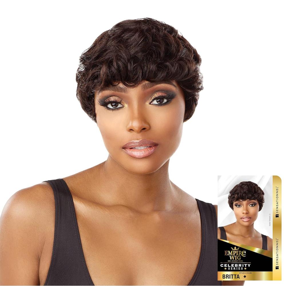 imageSensationnel Empire Human Hair Wig Britta Celebrity Inspired Collections PreStyled Salon Cut Hair 613 BLONDETopBottom Mix DarkBrown LightAuburn T230