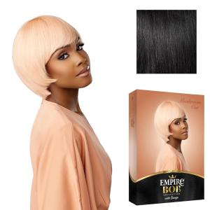 Sensationnel Empire Bob Humanhair Wig – Mushroom Cut Face Framing Mesh Cap for Comfort With Bangs (1 JETBLACK)(1 JETBLACK)