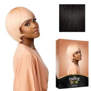 Sensationnel Empire Bob Humanhair Wig – Mushroom Cut Face Framing Mesh Cap for Comfort With Bangs (1 JETBLACK)(1B OFFBLACK)
